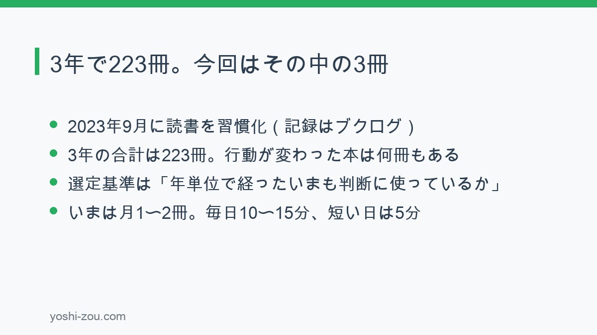 3年で223冊読んだ中から、いまも判断に使っている3冊を選んだことを示す図解
