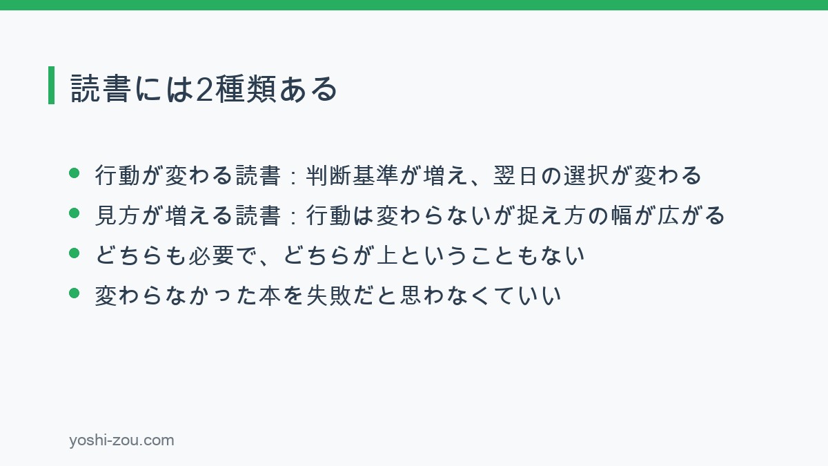 行動が変わる読書と見方が増える読書の違いを比較した図解